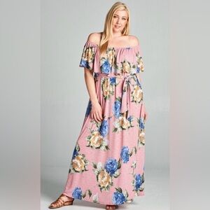New!Plus Size Floral Off Shoulder Belted Maxi Dress Sizes 1X 2X 3X